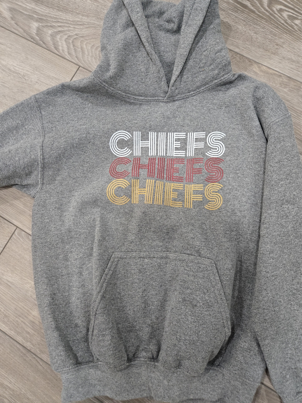 Gildan Gray Hoodie with White, Red & Gold Stacked CHIEFS Graphic